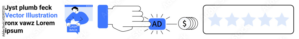 Hand pointing to ad button with dollar sign and five-star rating. Ideal for pay-per-click, online ads, marketing strategies, monetization, e-commerce, customer reviews, advertising campaigns. Landing Hand pointing to ad button with dollar sign and five-star rating. Ideal for pay-per-click, online ads, marketing strategies, monetization, e-commerce, customer reviews, advertising campaigns. Landing
