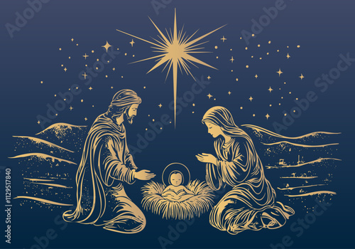 The Nativity scene with Mary, Joseph and baby Jesus - vector design 