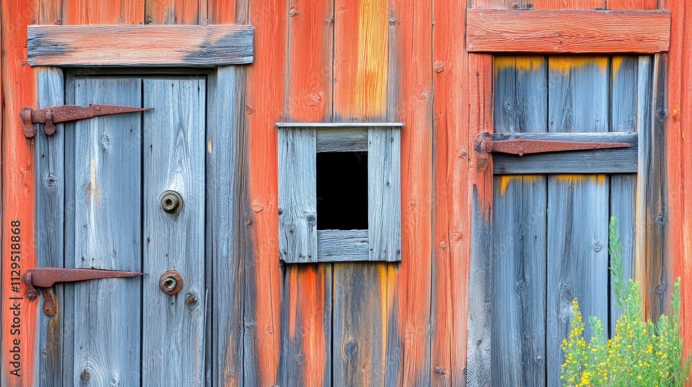 A rustic wooden structure featuring two doors and a small window, showcasing weathered textures. A rustic wooden structure featuring two doors and a small window, showcasing weathered textures.
