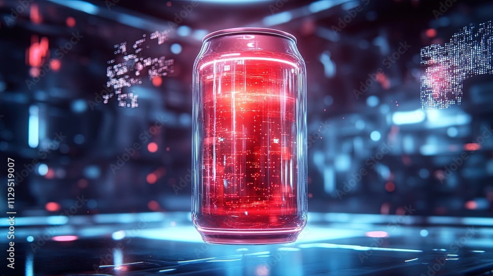 Glowing red liquid inside a futuristic can. Glowing red liquid inside a futuristic can.