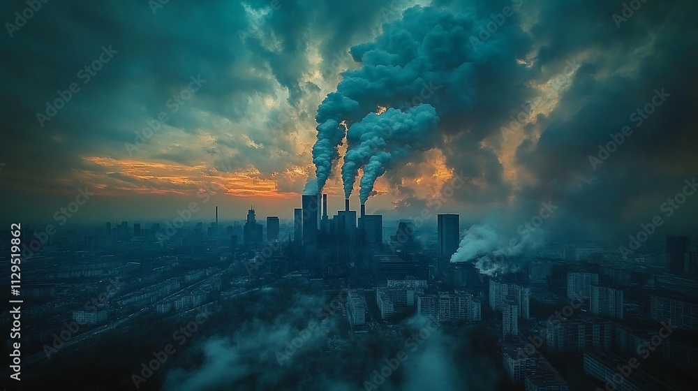 Aerial view of industrial city at sunset with heavy smoke pollution. Aerial view of industrial city at sunset with heavy smoke pollution.