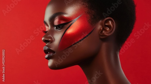 A model showcases an avant-garde makeup design featuring bold red accents and dramatic lines, set against a bright red background, creating a captivating look. Generative AI