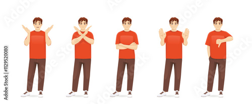 Set of young man in casual clothes showing negative emotions with different gestures set. Upset, dislike, angry, refused isolated vector illustration