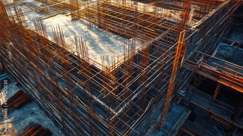 Intricate urban construction landscape: Complex multilevel building site with intersecting steel frameworks and professional lighting. Architectural engineering documentation style.