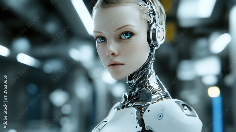 A humanoid robot with silver metallic features and glowing blue eyes stands in a modern, illuminated setting, showcasing advanced technology and design. Generative AI A humanoid robot with silver metallic features and glowing blue eyes stands in a modern, illuminated setting, showcasing advanced technology and design. Generative AI