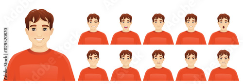 Young teenage man with different facial expressions. Vector illustration isolated set