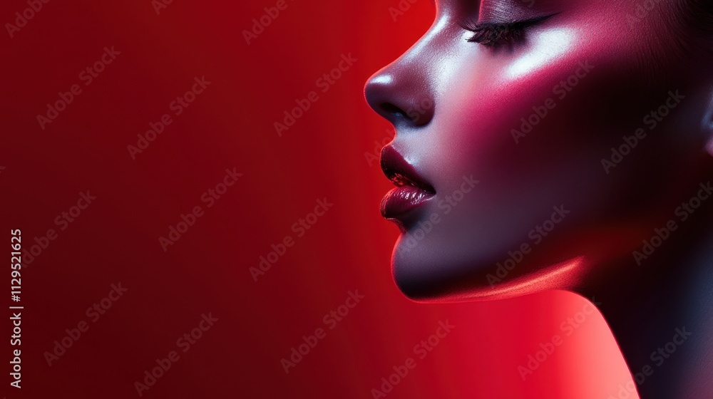 A profile view highlights flawless skin and bold makeup, illuminated by dramatic red lighting. The captivating colors enhance the artistic expression of beauty. Generative AI A profile view highlights flawless skin and bold makeup, illuminated by dramatic red lighting. The captivating colors enhance the artistic expression of beauty. Generative AI