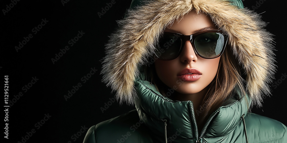 A fashionable woman in sunglasses and a green winter coat on a black background, copy space A fashionable woman in sunglasses and a green winter coat on a black background, copy space