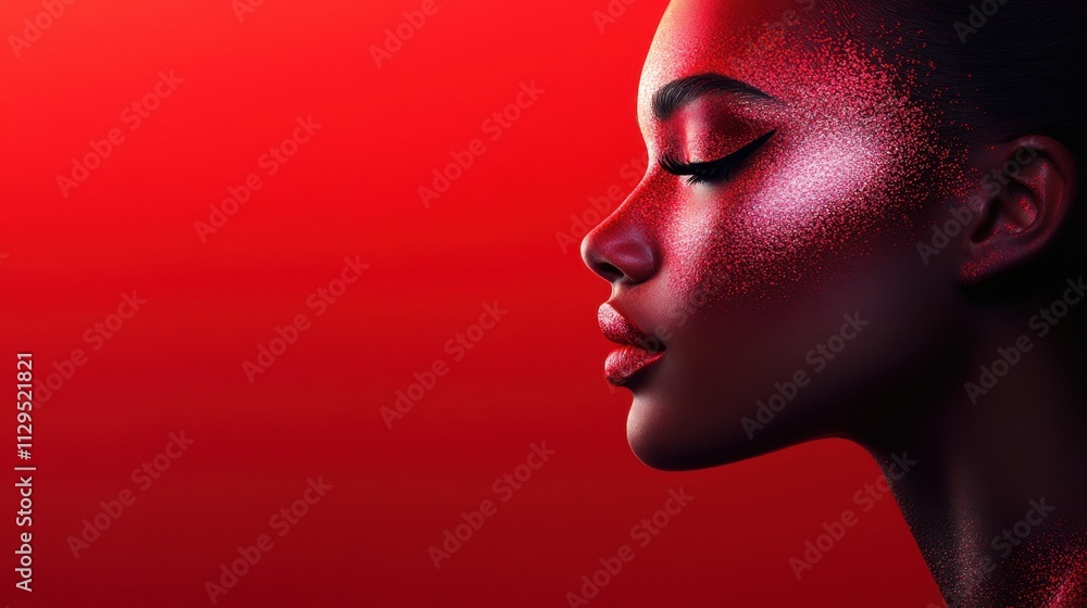 A woman’s side profile highlights stunning makeup featuring metallic accents on her cheek and lip, set against a striking red background that enhances her features. Generative AI A woman’s side profile highlights stunning makeup featuring metallic accents on her cheek and lip, set against a striking red background that enhances her features. Generative AI