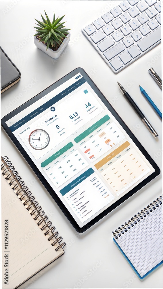 Productive workspace with tablet, smartphone, notebook, and laptop on stylish desk