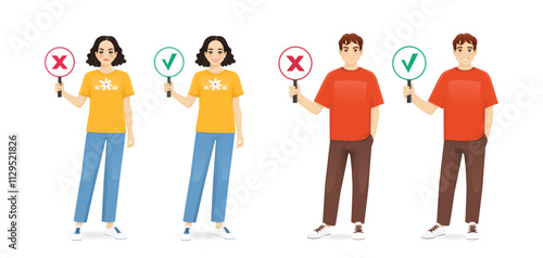 Young teenage man and woman in casual clothes showing right and wrong signs. Vector illustration isolated