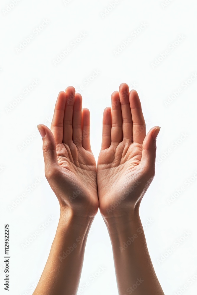 Two hands held upward, palms open. Two hands held upward, palms open.