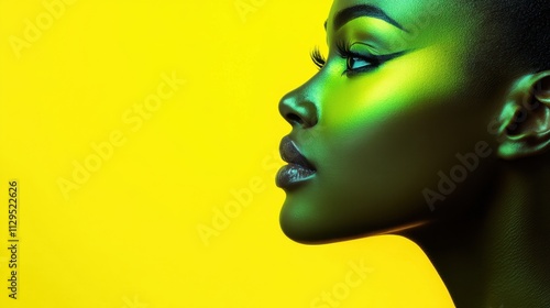 A woman showcases artistic makeup with bold green tones, standing out against a bright yellow background, highlighting her profile and beauty. Generative AI