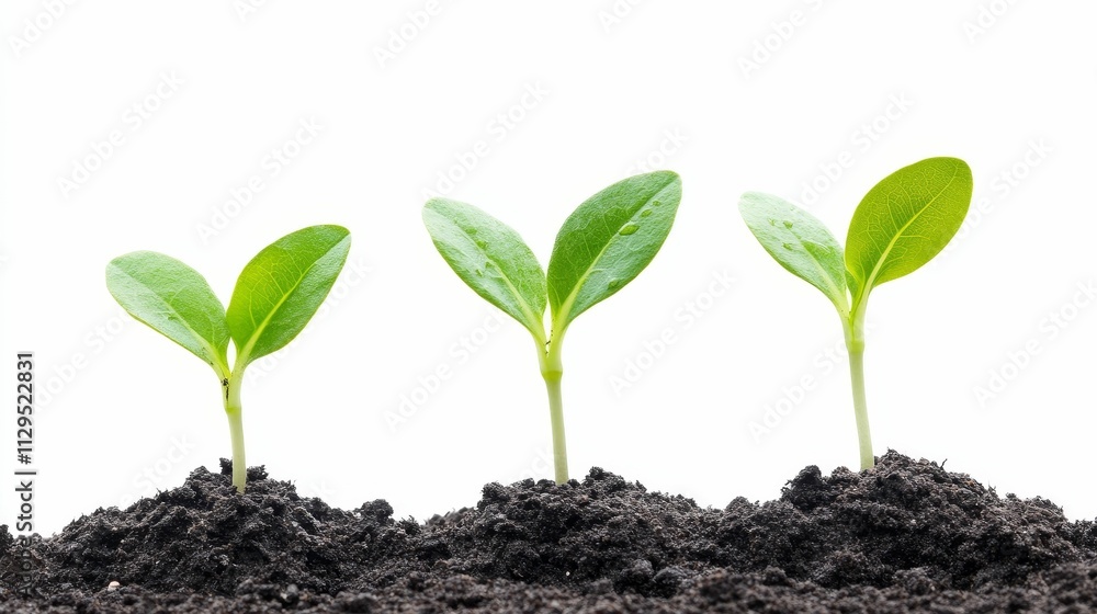 Three seedlings emerge from dark soil. Three seedlings emerge from dark soil.