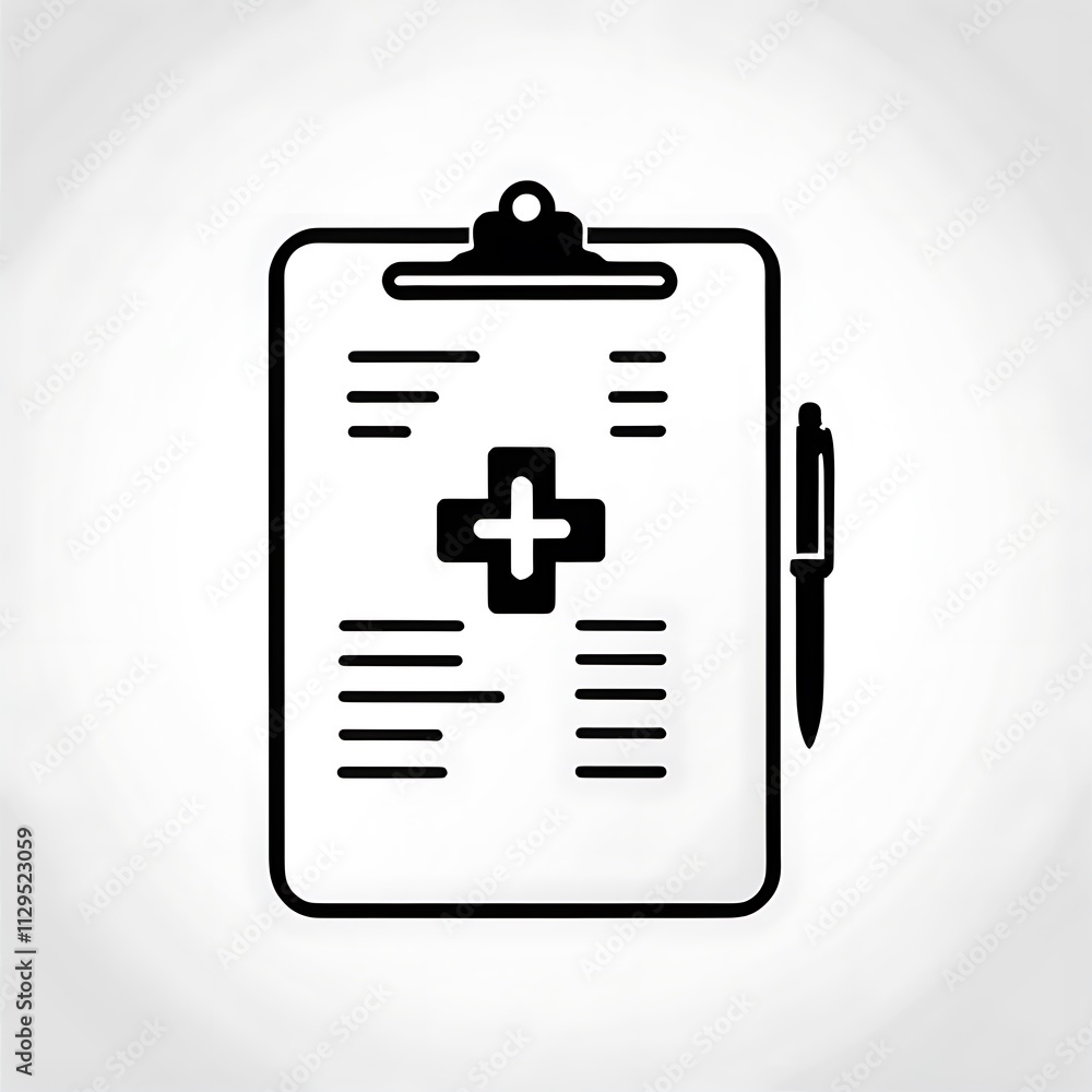 Obraz premium Medical Record Icon: A minimalist illustration of a clipboard with a medical cross and a pen, symbolizing healthcare documentation, patient records, and medical information. 
