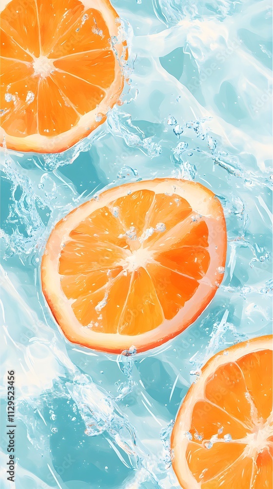 A close-up of orange slices submerged in sparkling water, with light reflections creating an ethereal atmosphere A close-up of orange slices submerged in sparkling water, with light reflections creating an ethereal atmosphere