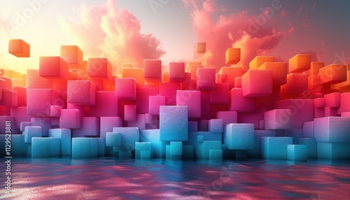 A colorful wall of blocks with a blue sky in the background