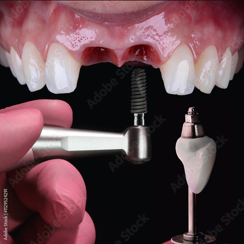 Wallpaper Mural Dental implant treatment for single-tooth loss in dentistry. Implant and implant wrench attached to the rotating handpiece. Smile makeover, dental before and after. Torontodigital.ca