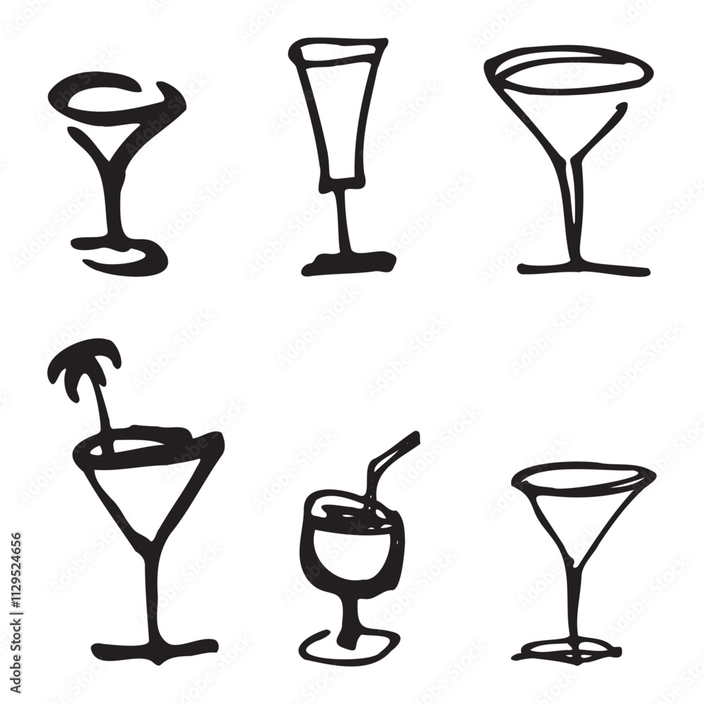 A set of glasses for alcoholic beverages in the doodle style A set of glasses for alcoholic beverages in the doodle style