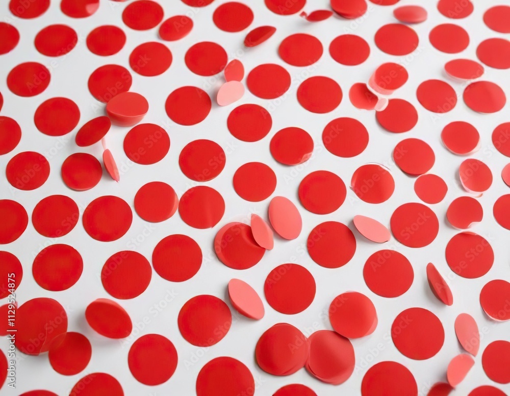 Red round stickers scattered on white background in random pattern, patterns and textures, adhesive paper labels, design motifs Red round stickers scattered on white background in random pattern, patterns and textures, adhesive paper labels, design motifs