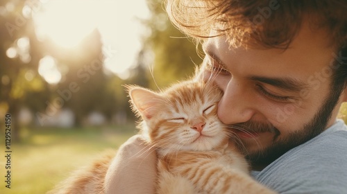 Man smiling, cuddling with a ginger cat in sunlight