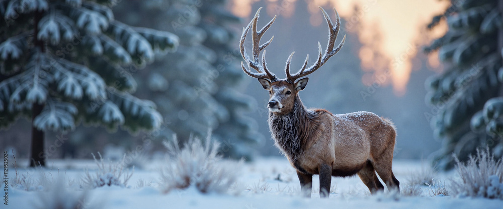 Majestic elk with frosted antlers in snowy forest, winter wonder Majestic elk with frosted antlers in snowy forest, winter wonder