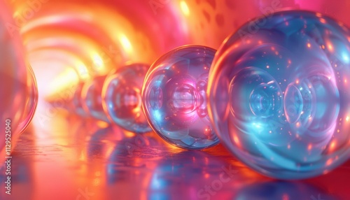 A series of colorful spheres are reflected in a mirror photo