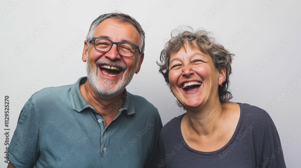 Joyful elderly couple laughing together.