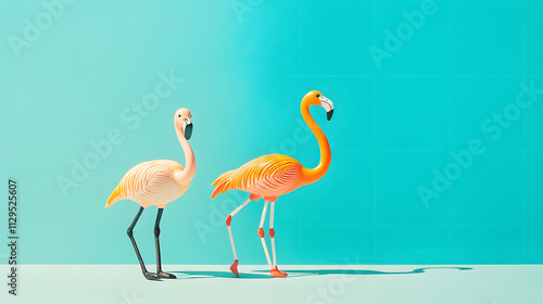 Two flamingo toys, one standing and the other running on a sunny day, with a bright orange bottom and a marina blue sky background, offering creative copy space.