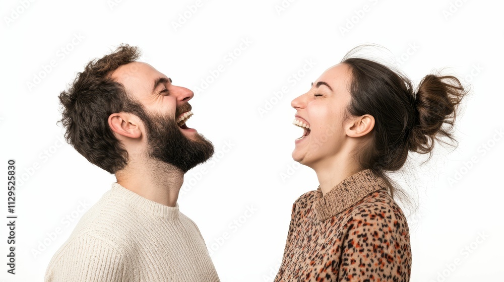 Fototapeta premium Joyful couple laughs heartily, profile view.