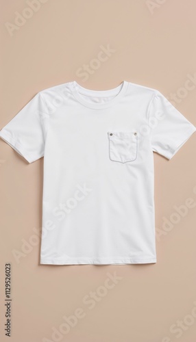 White t-shirt mockup with pocket detail on a neutral mocha mousse-toned background for branding design