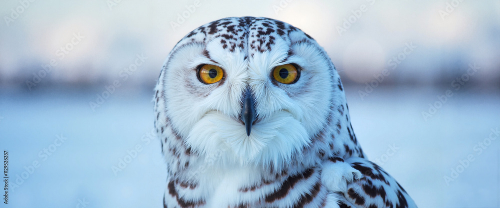 Obraz premium Majestic snowy owl gazes at camera in icy dawn, winter wildlife