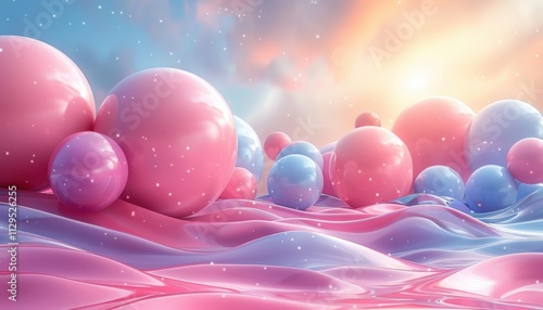 Fototapeta Naklejka Na Ścianę i Meble -  A colorful, abstract painting of pink and blue spheres floating in a sea of pink