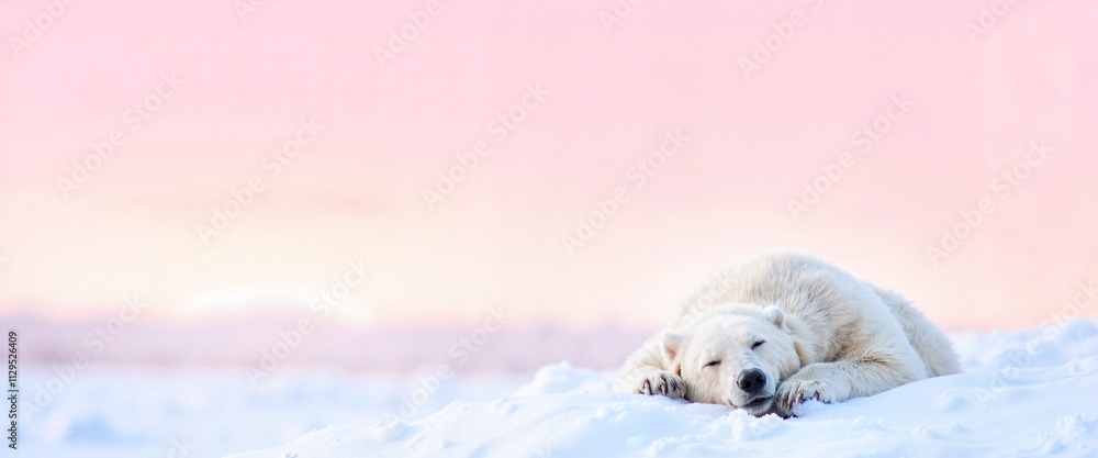 Obraz premium Polar bear sleeping on arctic snowdrift, hibernation concept