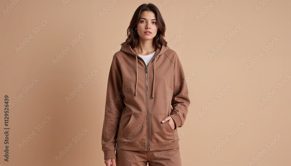 Mockup of a mocha mousse-colored zip-up hoodie on a model with coordinated pants against a mocha mousse backdrop Mockup of a mocha mousse-colored zip-up hoodie on a model with coordinated pants against a mocha mousse backdrop
