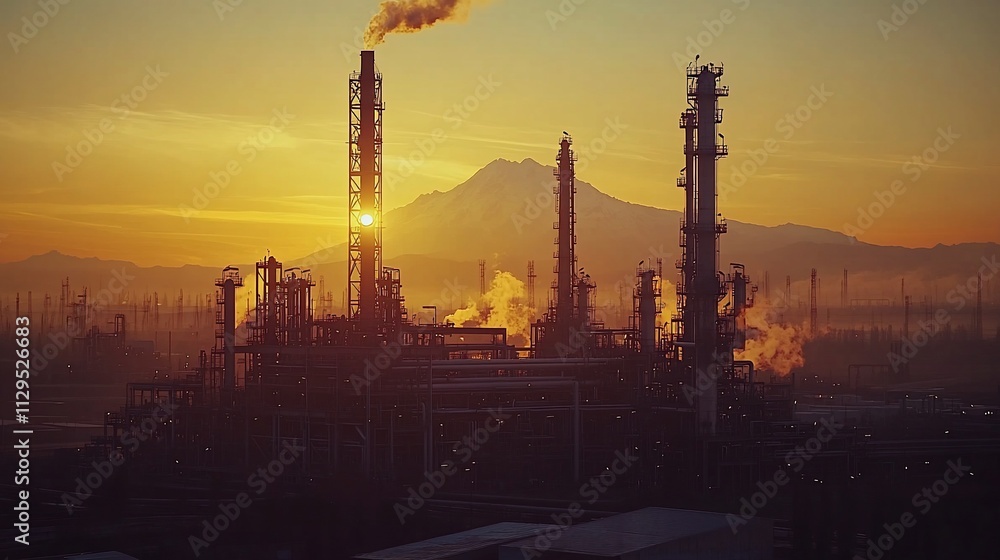 Sunrise over industrial refinery complex with mountain backdrop. Sunrise over industrial refinery complex with mountain backdrop.