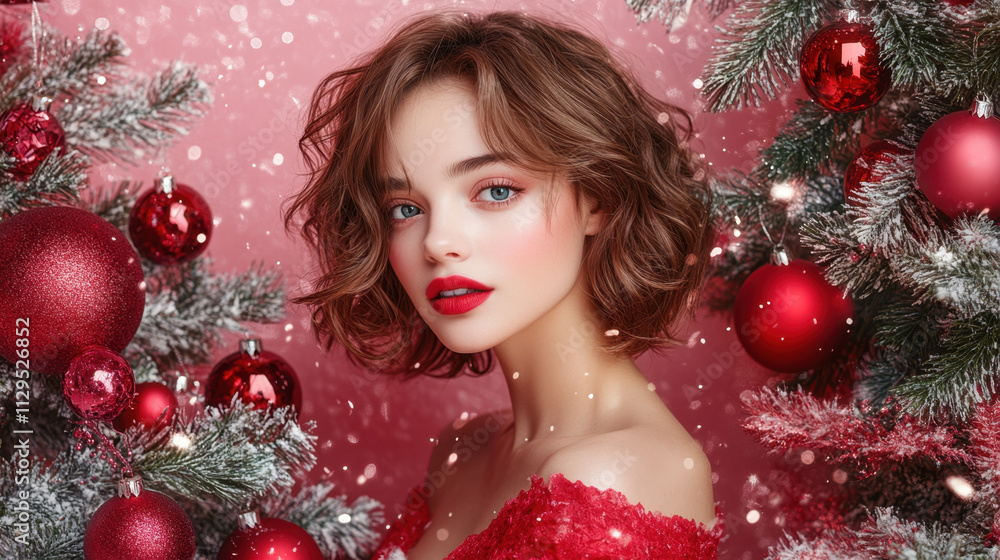 A young woman with curly hair and striking red lips poses amidst sparkling Christmas decorations. The background features snowy branches and bright red ornaments, creating a festive atmosphere. A young woman with curly hair and striking red lips poses amidst sparkling Christmas decorations. The background features snowy branches and bright red ornaments, creating a festive atmosphere.