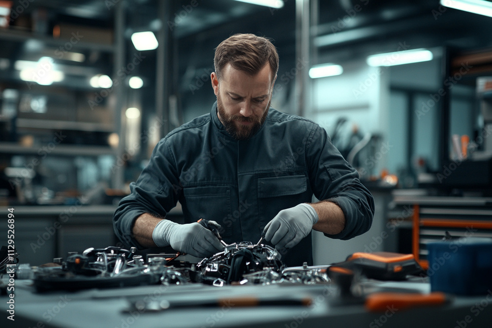 Skilled mechanic working diligently in a workshop Skilled mechanic working diligently in a workshop