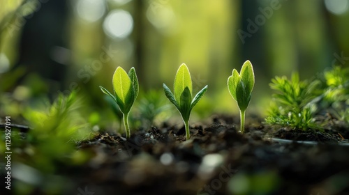 Three young plants sprouting from rich soil in a forest, bathed in sunlight. photo