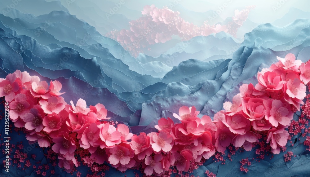 A mountain range with a pink flower field in the foreground A mountain range with a pink flower field in the foreground