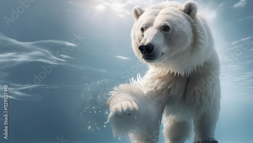 artwork with beautiful  white bear swimming under water in  Arctic ocean. close up.  Ai generated