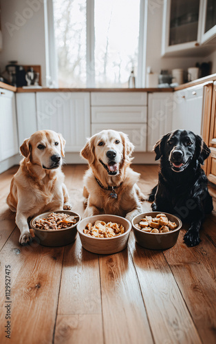 Group of Adorable Dogs Sitting Beside Food Bowls in a Bright Modern Kitchen for Pet and Lifestyle Themes photo