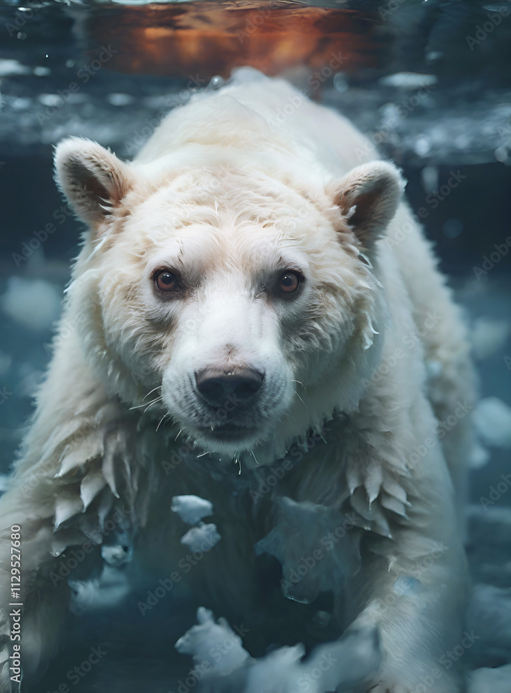 artwork with beautiful white bear swimming under water in Arctic ocean. close up. natural style Ai generated
