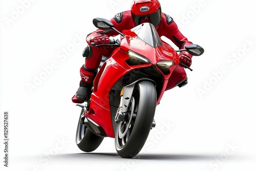 Red motorcycle rider in motion, white background. photo