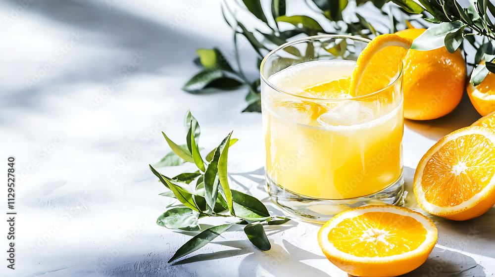 Fototapeta premium A glass of orange juice with a slice of orange in it