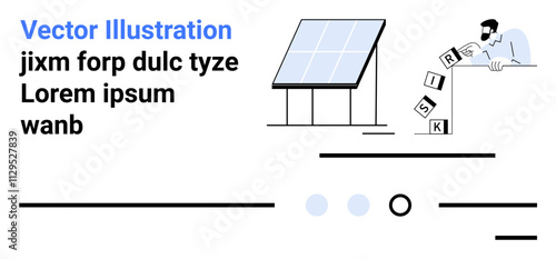 Solar panel, businessman arranging risk blocks, placeholder text and design elements. Ideal for renewable energy, risk management, business strategies, sustainability, innovation, environmental