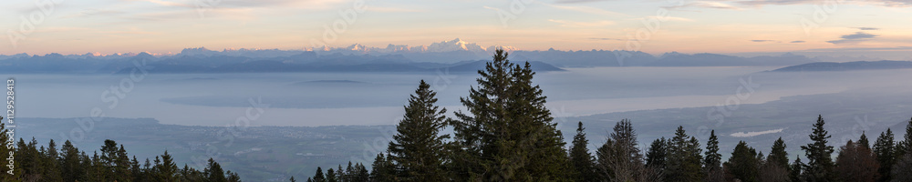 Panoramic View of Lake Geneva, Alps, and Geneva from La Barillette Panoramic View of Lake Geneva, Alps, and Geneva from La Barillette