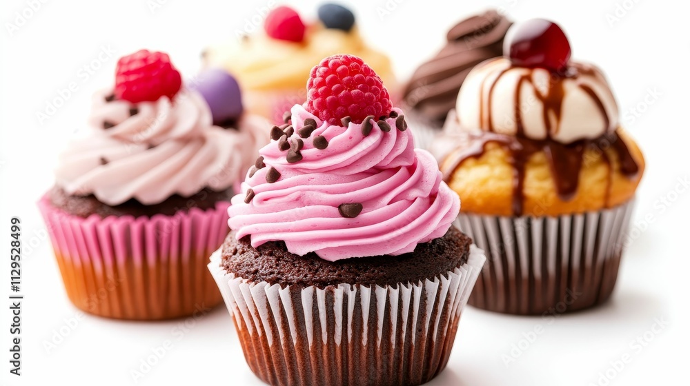 Frosted cupcakes, various flavors, close-up. Frosted cupcakes, various flavors, close-up.