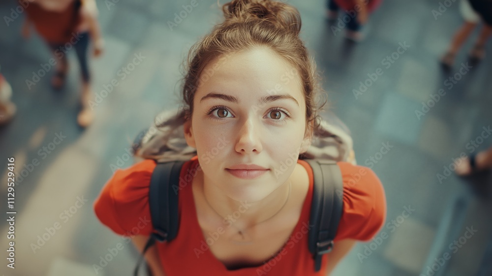 cinematic still shot Top view from a women in a busy street who is looking up the camera in a big city. cinematic still shot Top view from a women in a busy street who is looking up the camera in a big city.