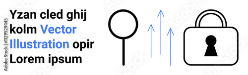 Magnifying glass, padlock with keyhole, upward arrows, placeholder text. Ideal for security, privacy, focus, search growth protection analysis concepts. Landing page